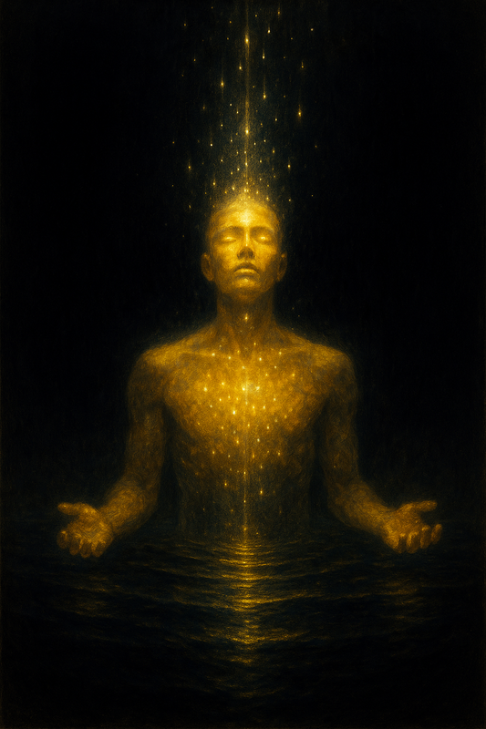 Person with glowing golden light in water against a dark background